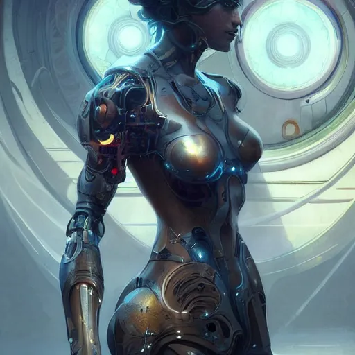 Image similar to beautiful cyborg girl, fantasy, intricate, elegant, highly detailed, digital painting, artstation, concept art, wallpaper, smooth, sharp focus, illustration, art by artgerm and greg rutkowski and alphonse mucha