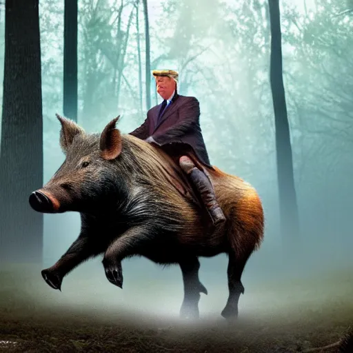 Image similar to donald trump riding a wild boar through the woods, digital art, highly detailed, cinematic lighting, epic composition