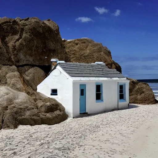 Image similar to a whitewashed cottage on a windswept beach