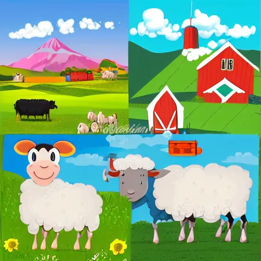 Prompt: new zealand farm, cute cows and sheep, in the style of disney's home on the range, clean cel, vector art