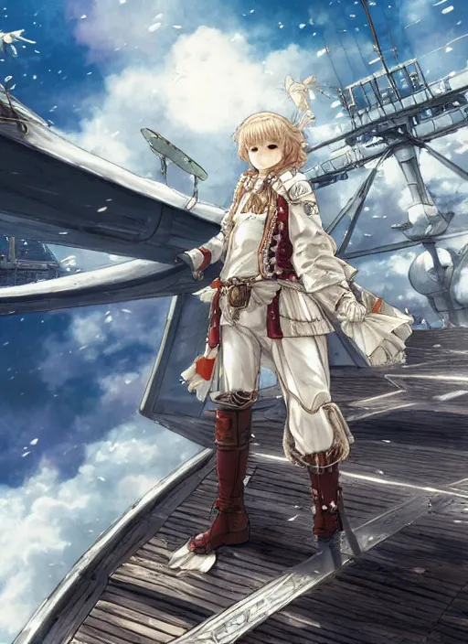 Image similar to character portrait of the white herald on the deck of an imperial airship in the sky, hidari, color page, tankoban, 4K, tone mapping, Akihiko Yoshida.