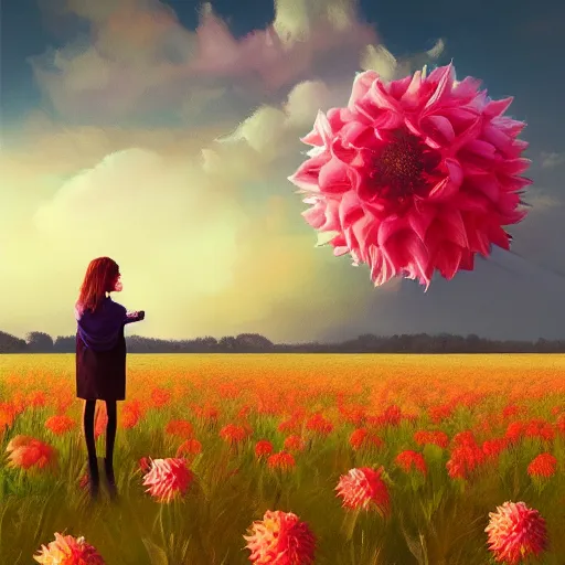 Image similar to giant dahlia flower as head, full body girl standing in a flower field, surreal photography, sunrise, dramatic light, impressionist painting, colorful clouds, digital painting, artstation, simon stalenhag