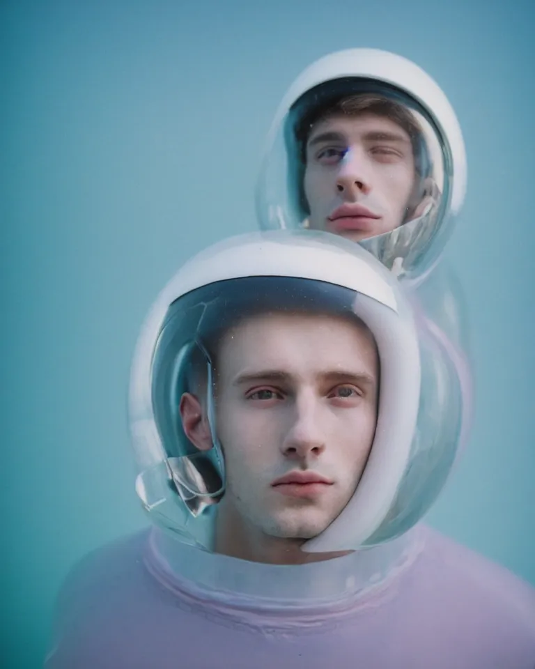 Prompt: high quality pastel coloured film portrait photograph of a beautiful young 2 0 year old male, soft facial features, short hair, wearing perspex space helmet and oversized inflated clothing!! icelandic black rock pool environment. atmospheric three point light. photographic. art directed. ( pastel colours ). volumetric. clearcoat. waves. 8 k. filmic.