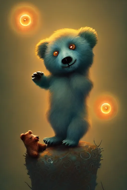 Image similar to a surreal Bioluminescent, very very very cute lost bear in a happy world by Daniel Merriam, Trending on Artstation, oil on Canvas by Elena Zhurikhina and Goro Fujita and Charlie Bowater, octane render, 4k, 8k, HD