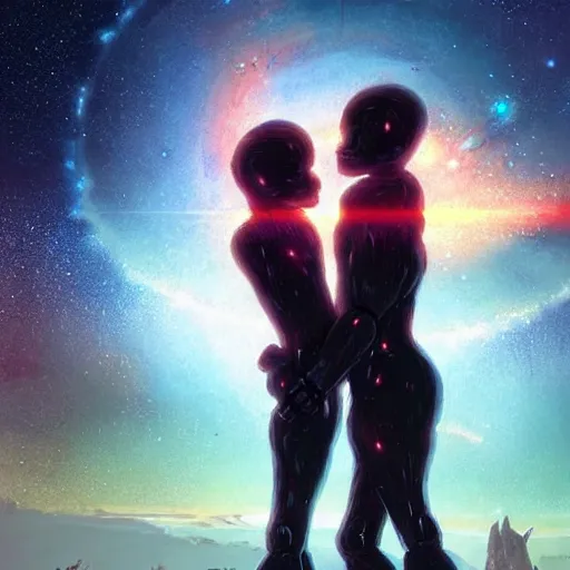 Image similar to digital painting of two humanoid robots hugging each other, supernova in the background, cosmic and stars and planets and galaxy, stunning, surreal, cinematic lighting, concept art by greg rutkowski and simon stalenhag