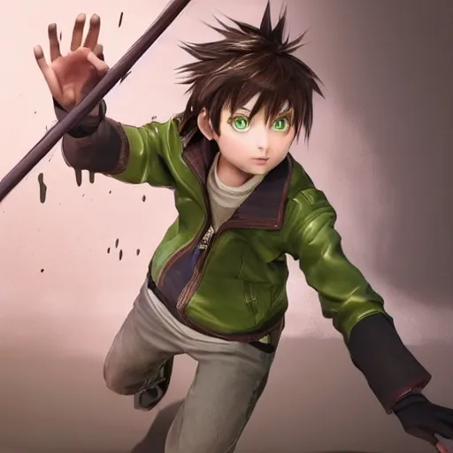 Image similar to a brown haired green eyes boy in a dynamic pose. character design. gesture drawing. line of action. official art, unreal engine 5, unreal engine. tetsuya nomura. medium shot. ray tracing hdr. 8 k. uhd. sharp focus. highly detailed. masterpiece. anime render. cinematic lighting. lifelike. symmetrical face. beautiful face