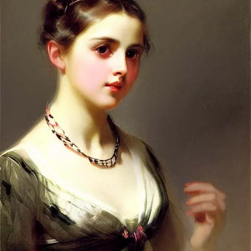 Prompt: beautiful portrait of a young woman with gentle eyes by franz xaver winterhalter, circa 1 8 6 3