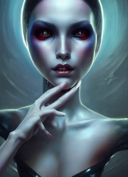 Image similar to a hauntingly beautiful cybernetic woman, painted by artgerm and tom bagshaw, fantasy art, dramatic lighting, highly detailed oil painting