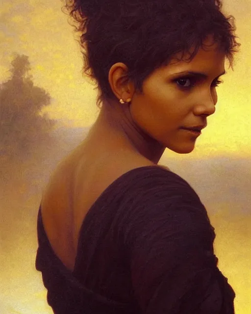 Prompt: beautiful glorious realistic oil painting of young halle berry, bokeh, baroque style by bouguereau, sunset, highly detailed, 8 k intricate