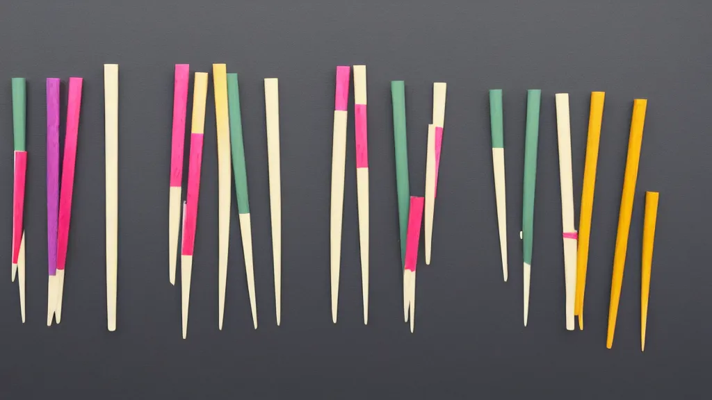 Image similar to a variety of handmade wooden chopsticks, avantgarde design, a collage painting, in the style of wes anderson, lola dupre, david hockney, isolated on negative white space background dark monochrome neon spraypaint accents volumetric octane render