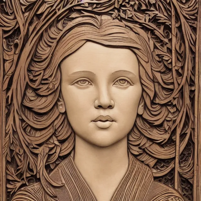 Image similar to a 3 d bas - relief wooden art nouveau carved sculpture of a young millie bobby brown or alicia vikander with long hair blowing in the wind, in front of a delicate tracery pattern, intricate and highly detailed, well - lit, ornate, realistic