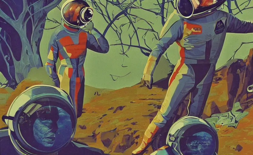 Image similar to a portrait of Alain Delon pilot in spacesuit posing on field forrest spaceship station landing laying lake artillery outer worlds shadows in FANTASTIC PLANET La planète sauvage animation by René Laloux