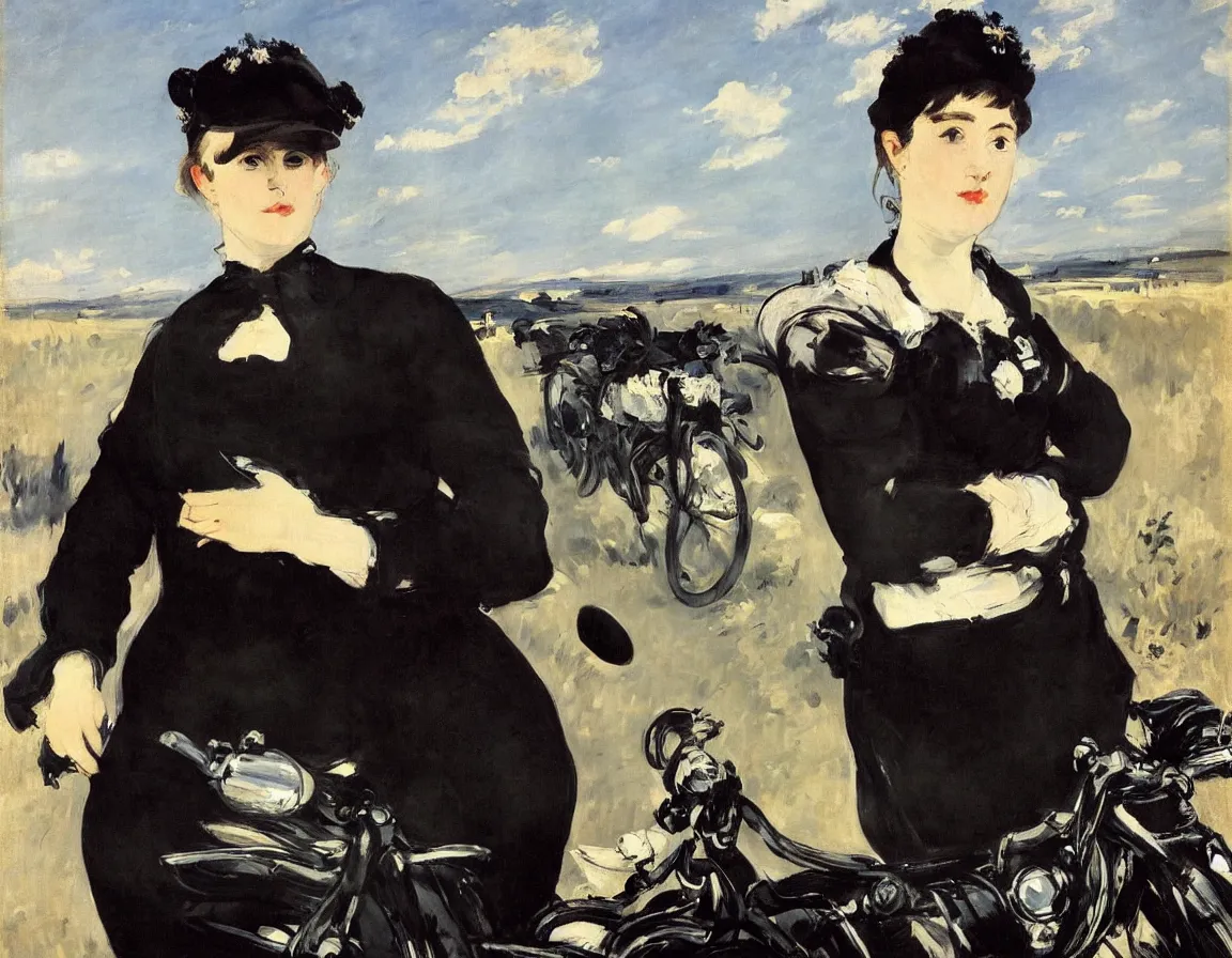 Image similar to edouard manet. a wide portrait of a marie from the side all dressed in black on a motorcycle on a highway looking over her shoulder towards us. blue sky. there is another motorcycle blurred in the background. precise thin brush strokes. expressive. emotional. modern.