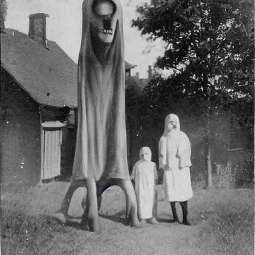 Image similar to scary unproportionally tall ghost creature in the middle of a village, 1920s picture