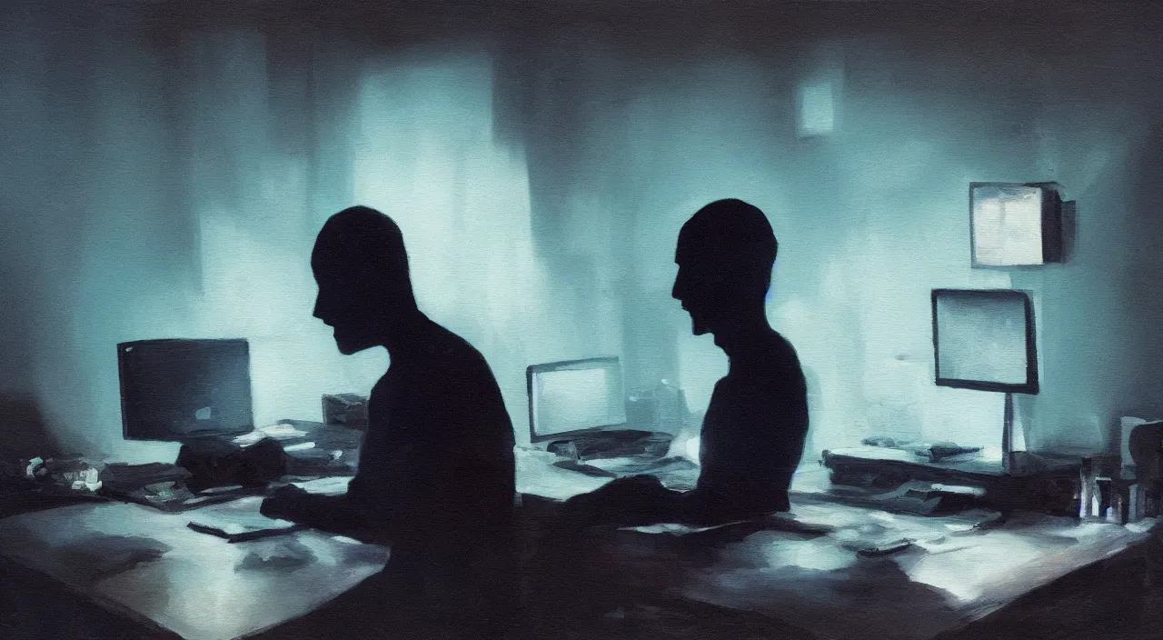 Prompt: a shadow figure working on the computer, emitting a bright white light, vivid colors, soft lighting, atmospheric, cinematic, moody, oil on canvas, 8 k