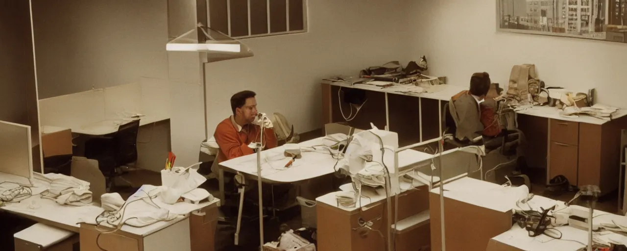 Image similar to security camera footage of a worker eating spaghetti alone at their cubicle, evening, kodachrome, in the style of wes anderson, retro