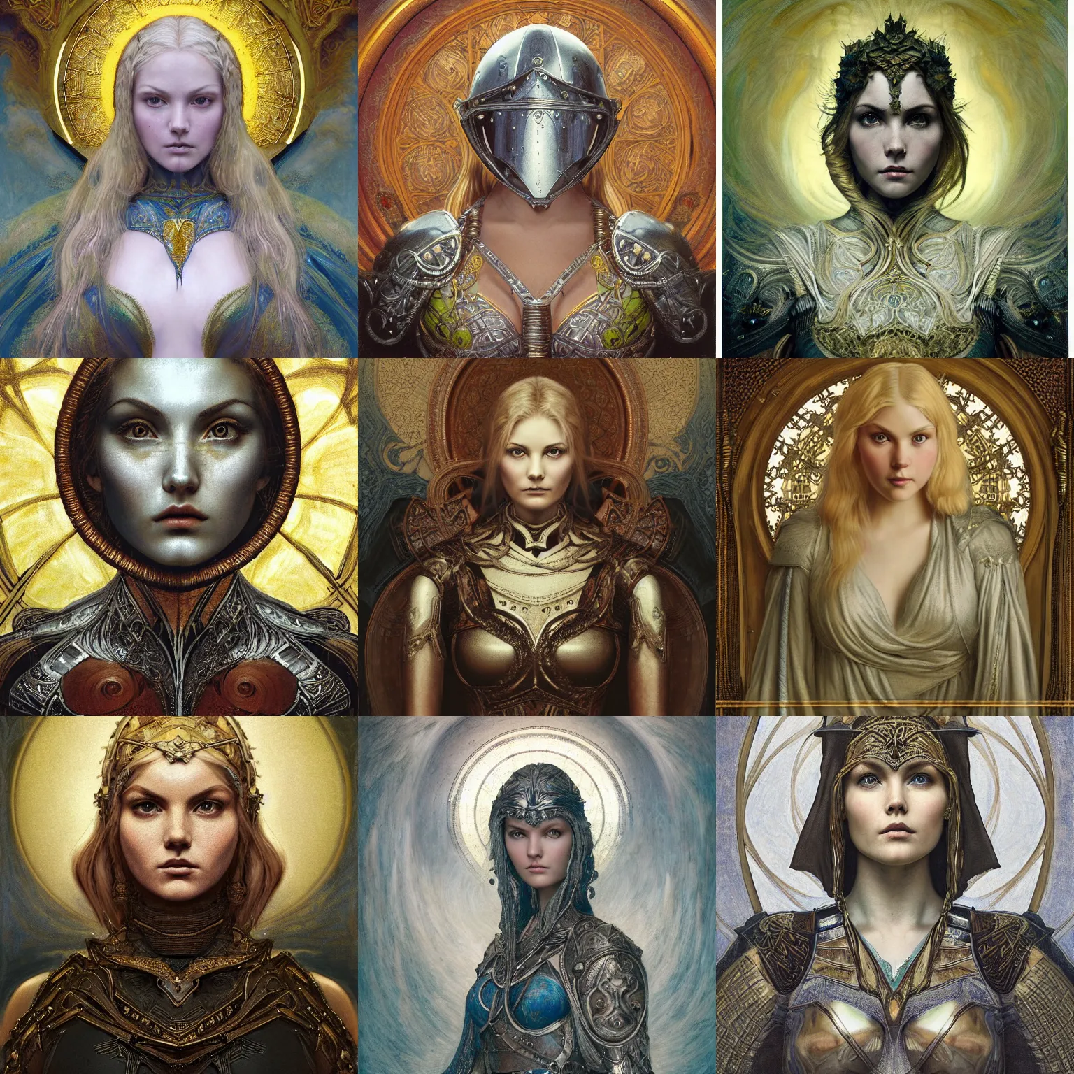 Prompt: masterpiece head-on symmetrical centered portrait, Elisha Cuthbert as a Gloomhaven templar, wearing steel plate armour over chest, blonde hair, masterpiece fractal art nouveau background, elegant, distant, Pre raphaelite art style, in the style of Edgar Maxence and Ross Tran and Zdzisław Beksiński and Gustave Doré and H.R. Giger and Mucha, specular highlights, 8k, octane render