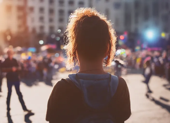 Prompt: a 2 8 mm macro photo from the back of a woman watching a parade, splash art, movie still, bokeh, canon 5 0 mm, cinematic lighting, dramatic, film, photography, golden hour, depth of field, award - winning, anamorphic lens flare, 8 k, hyper detailed, 3 5 mm film grain