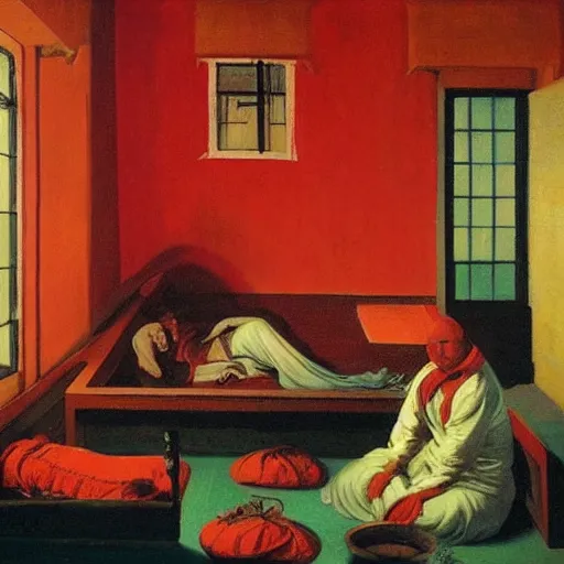 Image similar to a red-opium den in the ornate indian village by Raphael, Hopper, and Rene Magritte. detailed, romantic, enchanting, trending on artstation.
