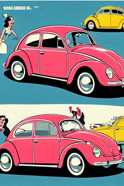 Image similar to Volkswagen Beetle car in the style of a 50s by Frank Hampson and mcbess, 1950s