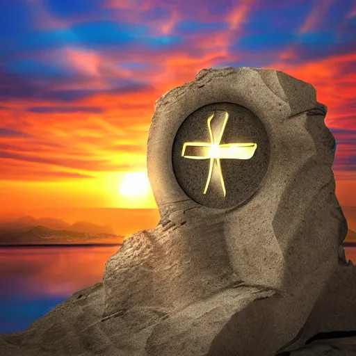 Image similar to cracked stone statue of λ symbol, epic sunset in the background, highly detailed digital art