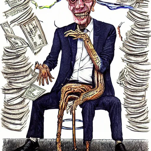 Image similar to Jacob Rothschild full body shot, dollar bills Body horror, biopunk, by Ralph Steadman, Francis Bacon, Hunter S Thompson