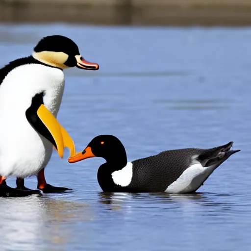 Image similar to a duck is boxing a penguin, penguin vs duck