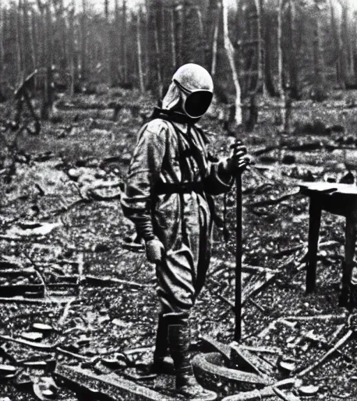 Image similar to man in chemical suit and gasmask at distance in chernobyl, ww1 film photo, grainy, high detail, high resolution