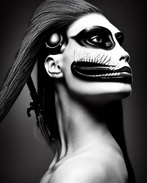 Image similar to a profile portrait, a stunning young woman - cyborg with a mutant crow head, editorial photography, bw, by roman sustov, by hr giger, shot on 7 0 mm, depth of field, f / 2. 8, high contrast, 1 6 k, volumetric lighting, shiny, insanely detailed and intricate, hypermaximalist, elegant, ornate