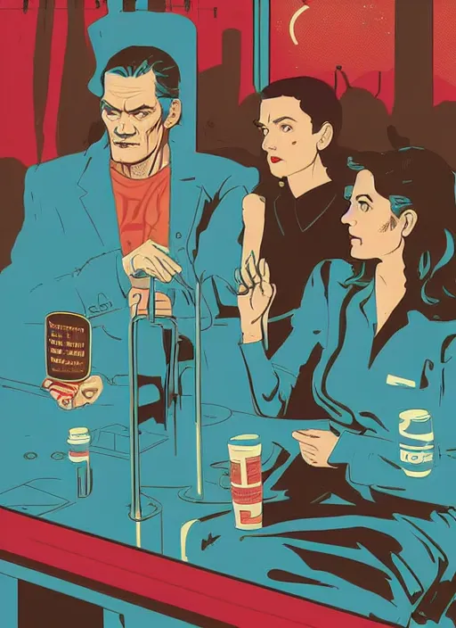 Image similar to Twin Peaks art, of Michael Shannon dressed as mechanic talking to Jennifer Connelly wearing light blue diner waitress dress, poster artwork by Tomer Hanuka and Kilian Eng, from scene from Twin Peaks, simple illustration, domestic, nostalgic, from scene from Twin Peaks, clean, New Yorker magazine cover