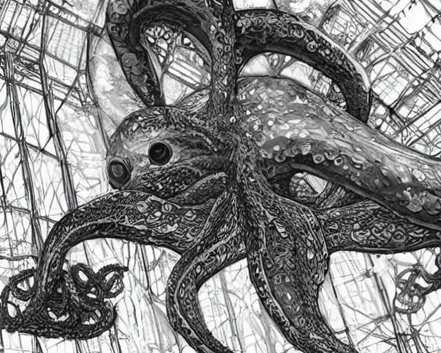 Image similar to camera footage of a extremely aggressive Giant mutated Octopus with glowing white eyes in an abandoned shopping mall, Psychic Mind flayer, Terrifying, Silhouette :7 , high exposure, dark, monochrome, camera, grainy, CCTV, security camera footage, timestamp, zoomed in, Feral, fish-eye lens, Fast, Radiation Mutated, Nightmare Fuel, Wolf, Evil, Bite, Motion Blur, horrifying, lunging at camera :4 bloody dead body, blood on floors, windows and walls :5