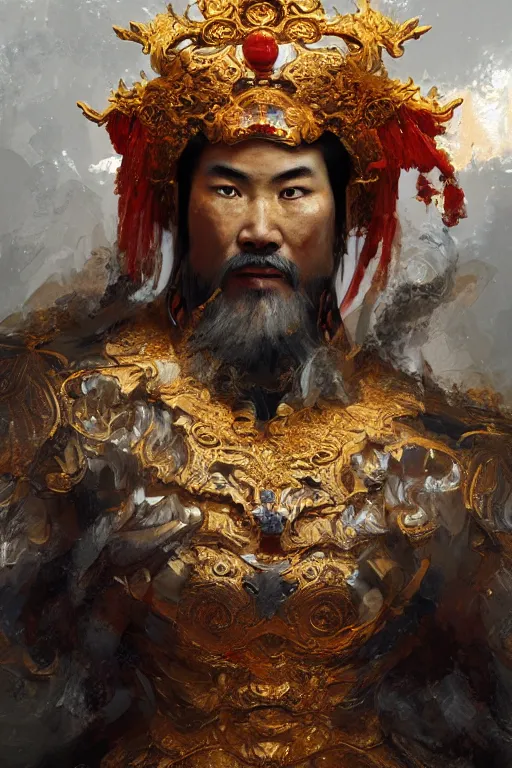 Image similar to chinese god, portrait, powerfull, intricate, elegant, volumetric lighting, scenery, digital painting, highly detailed, artstation, sharp focus, illustration, concept art, ruan jia, steve mccurry