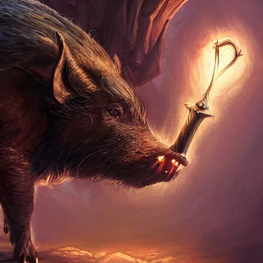 Image similar to Boar, Anthropomorphized, casting epic spell, magic the gathering artwork, D&D, fantasy, cinematic lighting, centered, symmetrical, highly detailed, digital painting, artstation, concept art, smooth, sharp focus, illustration, volumetric lighting, epic Composition, 8k, art by Akihiko Yoshida and Greg Rutkowski and Craig Mullins, heroic pose, oil painting, cgsociety, magic lab background