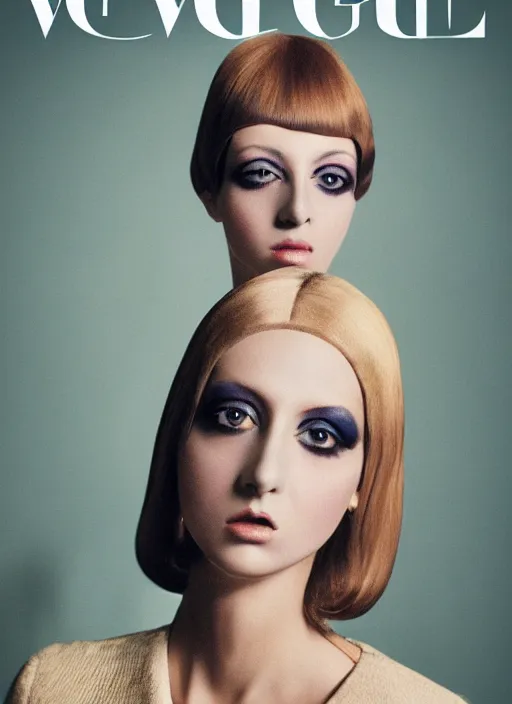 Image similar to italian vogue 6 0 s vintage cover portrait of a female model, twiggy, and strong eye make up by steven meisel, 8 k, octane render, ultra sharp hyper detailed digital art