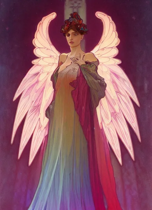 Image similar to ombre velvet gown, alphonse mucha, beautiful elegant woman with glowing wings, portrait, neon outline, long hair, tiara, dozens of jeweled necklaces, by greg rutkowski, brom, anato finnstark