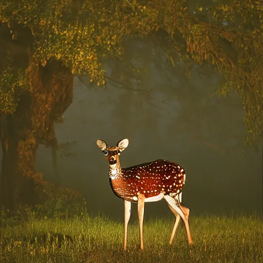 Image similar to a beautiful spotted deer in the woods lit by the morning sky, sunrise, chital, photorealistic, by annie leibovitz and steve mccurry, natural light, canon eos c 3 0 0, ƒ 1. 8, 3 5 mm, 8 k, medium - format print