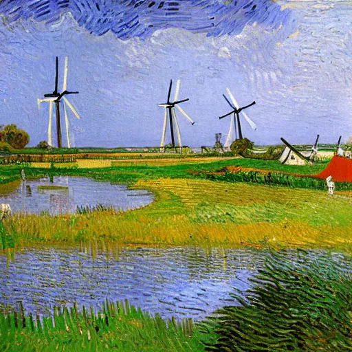 Image similar to the dutch landscape with traditional windmills standing next to a lake, lots of bicycles and a man drinken beer by Vincent van Gogh,