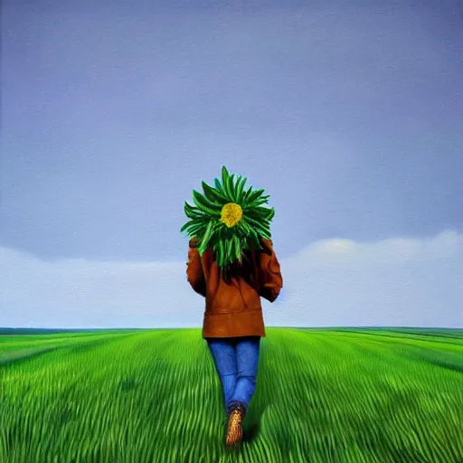 Image similar to huge flower as head, woman walking in a field, surreal, flat light, painting, digital painting, artstation, georgia o'keeffe