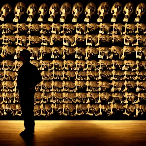 Prompt: mad scientist hunched over a table in his laboratory, silhouetted by eerie light, dozens of skulls on shelves in the background, all different sizes and shapes. photographic