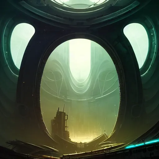 Image similar to a circular portal structure in the centre of an abandoned and overgrown alien city, beautiful curves, sci - fi, fantasy, golden ratio, epic lighting, unusual composition, messy brush strokes, very detailed, 4 k, in the style of blade runner and peter mohrbacher, ominous vibes, harsh lighting