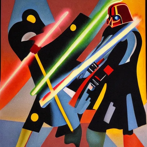 Prompt: darth vader fighting luke skywalker, by wassily kandinsky