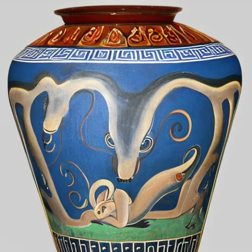 Image similar to greek vase painting depicting a dog squid hybrid monster.