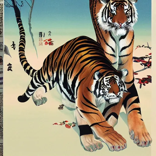 Image similar to a delorean protecting a tiger, japanese magazine collage, art by hsiao - ron cheng and utagawa kunisada