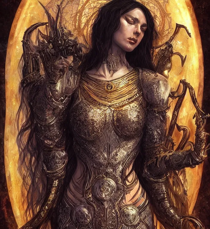 Image similar to unreal engine render + a goddess, tarot card, dark souls colour scheme, luminal, smooth, coherent, high detailed, by Karol Bak, featured on artstation, instagram HD, unreal engine