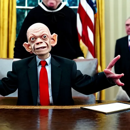 Image similar to president gollum giving a speech in the oval office