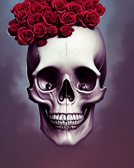 Image similar to portrait of a female skull with roses instead of eyes. roses, intricate abstract upper body intricate artwork, by zdzislaw beksinski tooth wu, wlop, beeple, dan mumford. concept art, octane render, deviantart, greg rutkowski, cinematic arthouse, key art, hyper realism, iridescent accents