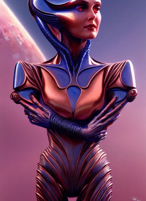 Prompt: face of a beautiful alien woman wearing shiny plastic armor in the style of roger dean and alberto vargas and stefan kostic, realistic, sharp focus, 8 k high definition, insanely detailed, intricate, elegant, art by greg rutkowski and artgerm, extreme blur coral reef background