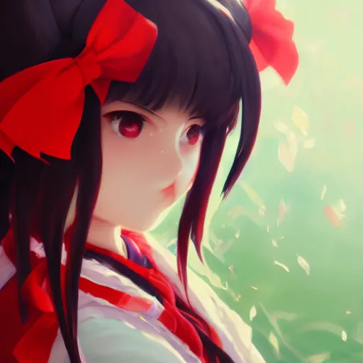 Prompt: artwork portrait of reimu hakurei from touhou project, sparkling eyes reimu hakurei touhou artwork by greg rutkowski makoto shinkai sakimichan key art 4 k 8 k ultrahd trending award winning laughing