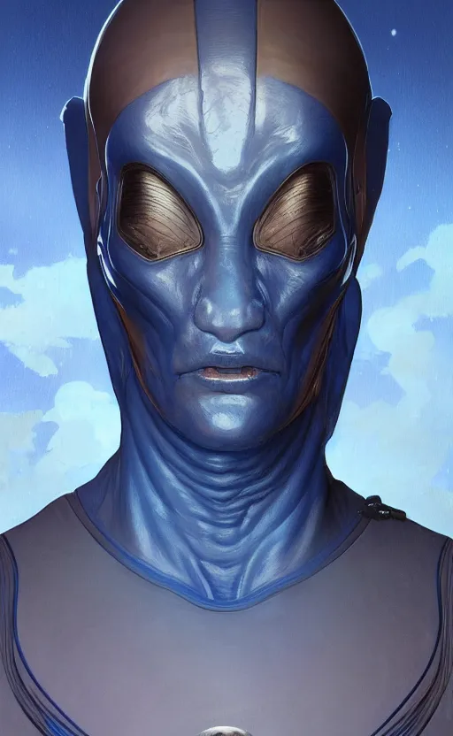 Image similar to portrait of a blue alien wearing a tight and smooth space suit, intimidating, intricate, headshot, highly detailed, digital painting, artstation, concept art, sharp focus, cinematic lighting, illustration, art by artgerm and greg rutkowski, alphonse mucha, Moebius, Jean Giraud, cgsociety