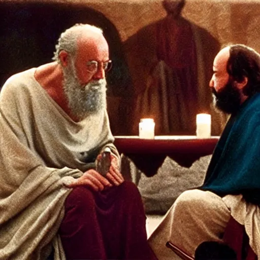 Prompt: Still from TV adaptation of the Banquet of Plato by Steven Spielberg starring Alec Guinness as Socrates